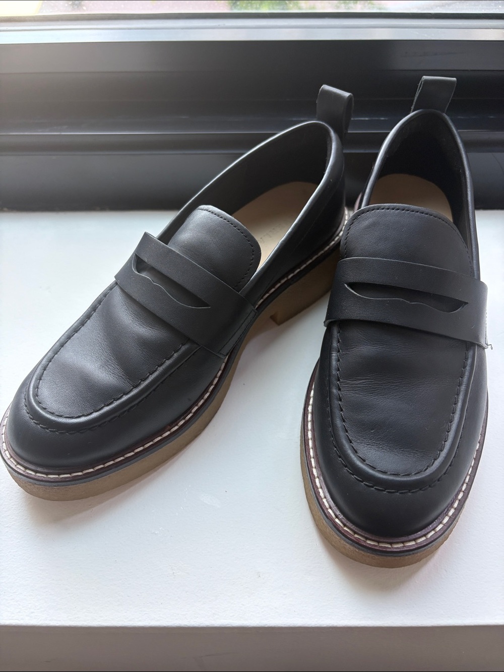 Everlane Black Leather Penny Loafers with Tan Crepe Sole
